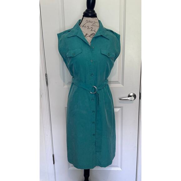Vintage R&K Originals Women's sz 10P Button Down Shift Dress Turquoise Sash 90s - Picture 1 of 12